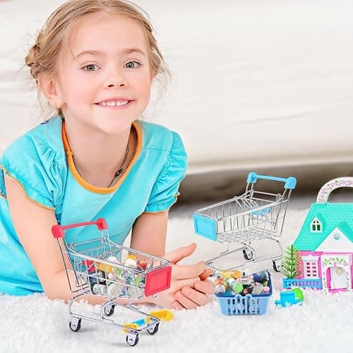 134pcs Mini Shopping Cart Basket Miniature Food Drink Bottle Supermarket Metal Handcart Toys Doll House Store Cosplay Game Dollhouse Grocery Fruit Cake Bread Party Trolley Model Dollar Bills thumbnail 6