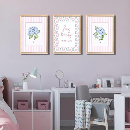 3Pcs Unframed Pink And Blue Hydrangea Wall Art Trendy Preppy Coquette Canvas Posters Prints How Lucky Are We Pictures Wall Decor for Girly Room Bedroom College Apartment Home Decorations(16L"x12W"Poster) thumbnail 6