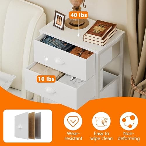 Furnulem White Dresser for Bedroom, 6 Fabric Drawers Chest of Drawers | Tall Skinny Dresser for Closet, Vertical Storage Tower Unit, Tall Nightstand for Dorm, Living Room, Metal Frame, Wooden Top thumbnail 7