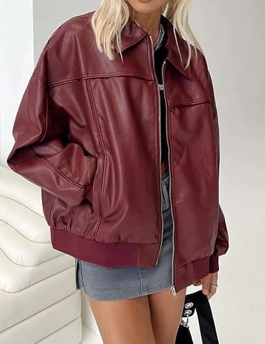 EsheSy Women's Oversized Leather Jacket Faux Suede Boyfriend Motorcycle Full Zip Bomber Jacket thumbnail 2