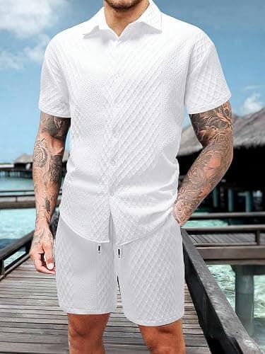GORGLITTER Men's 2 Piece Outfits Waffle Knit Button Down Shirt Top and Shorts Set thumbnail 4