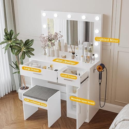 Viaozutis Vanity, Vanity Desk with Mirror, Large Drawer and Power Socket with 11 Light Bulbs and 3 Adjustable Lighting Modes, Vanity Table Ideal for Bedroom (White) thumbnail 2