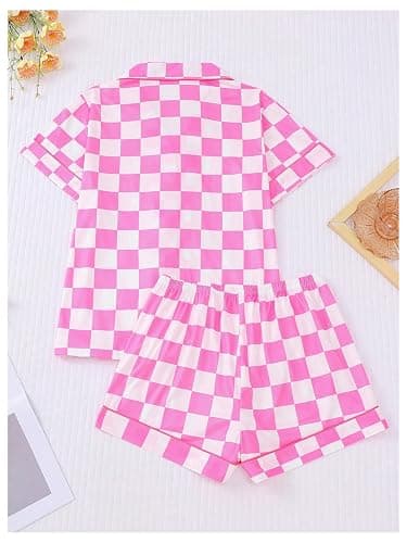 SOLY HUX Women's Satin Pajamas Summer 2 Piece Plaid Button Down Shirt Short Loungewear PJs Set thumbnail 2
