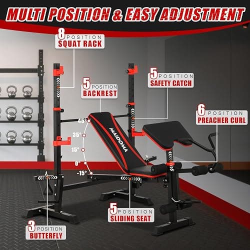 MAIDOMA 1500LBS 8 in 1 Olympic Weight Bench Set with Leg Extension/Curl and Preacher Curl, Bench Press Set and barbell Rack with Safety Bar Catches, Foldable Workout Benches for Home(US Stock) thumbnail 4