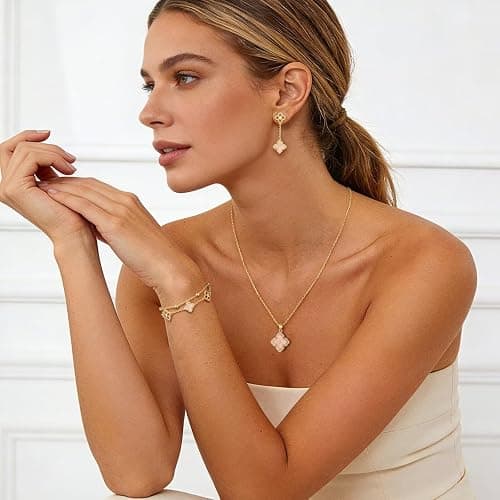 MONOOC Mothers Day Gifts - Clover Dangle Earrings for Women Dangle Stud Earrings 14K-Gold-Plated Lucky Four Leaf Clover Earring for Woman Jewelry Lucky Birthday Mothers Day Gift for Mom Wife Her thumbnail 4