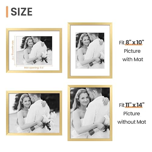 upsimples 11x14 Picture Frame, Display Pictures 8x10 with Mat or 11x14 Without Mat, Wall Hanging Photo Frame, Gold, 1 Pack thumbnail 4