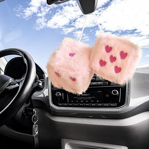 Pair 3” Colorful Heart Embroidered Fuzzy Plush Dice, Soft Plush Car Decoration Hanging Ornaments, Couple Car Decorative Vintage Accessories for Rearview Mirror Decorations(Pink Rose Red Dots) thumbnail 4