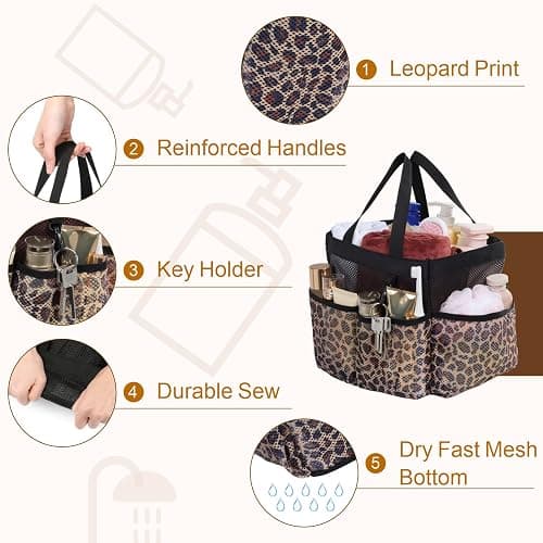 F-color Mesh Shower Caddy Portable - Shower Bag for College Dorm, Leopard | Quick Dry, with S Hook, College Dorm Room Essentials for Camp, Gym, Travel, Freshmen, Camping, Bathroom, Shower Tote thumbnail 6