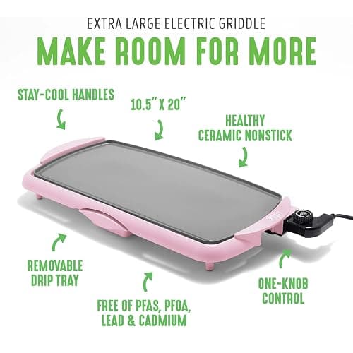 GreenLife 20” Extra Large Electric Griddle, Non-Toxic PFAS-Free Ceramic Nonstick, Temperature Control, Quick Even Heating, Removable Drip Tray, Pancakes, Eggs, Sausage, Easy Clean, Pink thumbnail 5