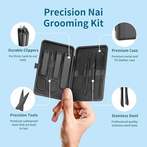 OFIDUS Precision 8 Pieces Men’s Nail Grooming Travel Kit, Stainless Steel Manicure Set with Fingernail & Toenail Clippers, Nail File, Slant Tip Tweezers, Cuticle Scissors thumbnail 2