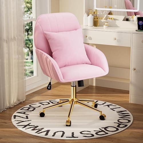 Pink Velvet Desk Chair with Pillow, Upholstered Home Office Desk Chair Makeup Vanity Chair with Swivel Wheels, Ergonomic Office Chair Computer Task Chair for Living Room, Bedroom thumbnail 9