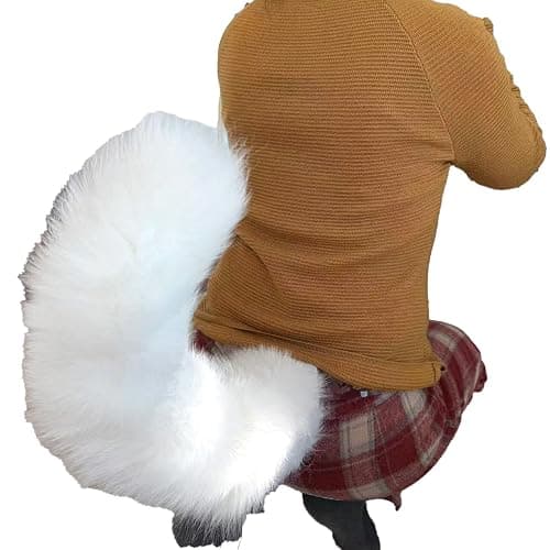 Movable Furry Tail Costume Accessories, Real Fur, Halloween Party Cosplay Dress (White) - Image 1