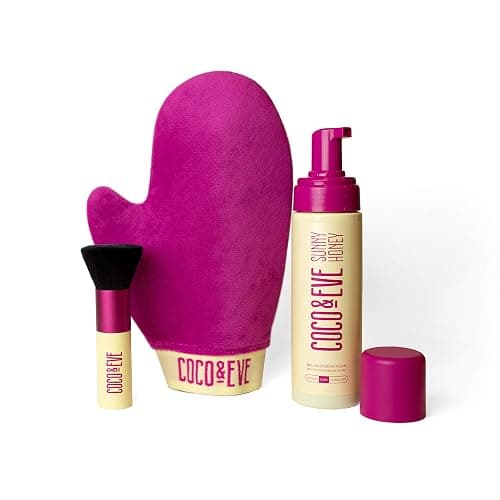 Coco & Eve Sunny Honey Bali Bronzing Bundle (Dark). All Natural Sunless Tanning Mousse. Instant Self Tanning Lotion with Bronzer, Mitt Applicator and Kabuki Brush. - Image 1