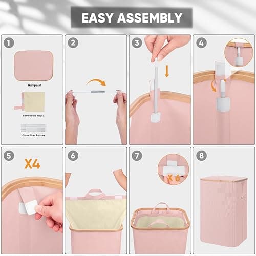 BALEINE Laundry Hamper with Lid, Tall Laundry Baskets with Bamboo Pull Handles, Large Laundry Bin with Internal Support (26 Gal/100L, Pink) thumbnail 6