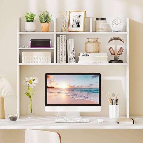Tangkula Desktop Bookshelf for Computer Up to 32”, 37” Countertop Storage Hutch with 6 Storage Shelves, 3-Tier Desktop Organizer Display Rack, Wooden Desk Hutch for Dorm Home Office (White) thumbnail 4