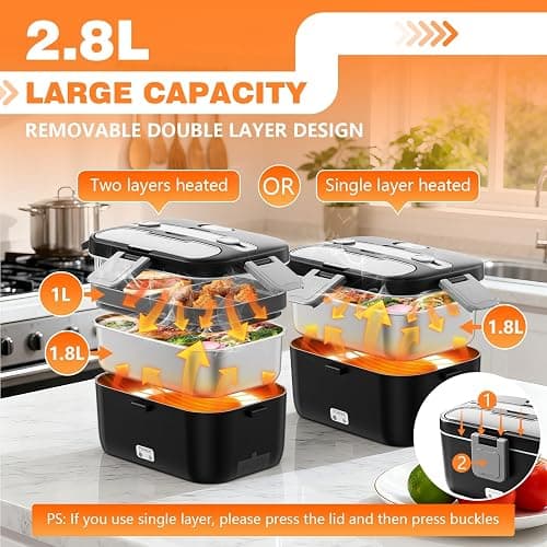 Electric Lunch Box for Adults, 2.8L Double Layer 100W Fast Heated Lunch Box, Heating Food Heater Warmer for Home Office Car Truck Use, Extra Large Lonchera Electrica Portátil 12/24V/110-230V, Black thumbnail 2