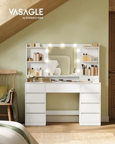 VASAGLE Kailyn Collection - Vanity Desk with Mirror and 9 LED Bulbs, Vanity Makeup Table with Power Outlets, Dressing Table with 9 Drawers, for Bedroom, Cloud White URDT141WB01S thumbnail 3