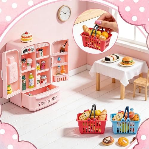 164Pcs Mini Shopping Cart Basket Miniature Food Drink Toy Supermarket Metal Handcart Trolley DollHouse Store Grocery Accessories Kitchen Play Game Party Model Shelves Cash Register Refrigerator Fridge thumbnail 4