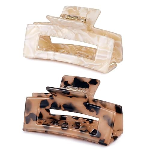 3 inch Hair Claw Clips Cutout Tortoise Shell Celluloid Hair Jaw Clips French Design Rectangle Hair Clamp for Women Ladies Mother (2 Pack) - Image 1