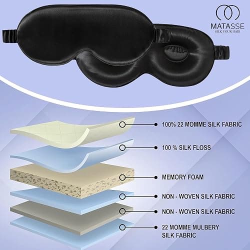 MATASSE Silk Eye Mask for Sleeping with Adjustable Elastic Band - 3D Contoured, Eye Cover Sleep Mask w/Genuine Mulberry Silk Including The Strap for Women, Men (Black) thumbnail 5