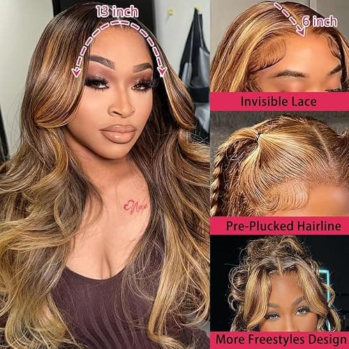 32 Inch Honey Blonde Body Wave Lace Front Wig Human Hair 13x6 HD Lace Front Wig Ombre Highlight 4/27 Colored 180% Density Pre Plucked Brazilian Virgin Wigs for Women thumbnail 3