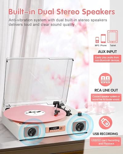 Vinyl Record Player Vintage Wireless Bluetooth Record Player with Stereo Speakers, USB/TF Card Recording, LP Player with 3 Speed Belt Drive Turntable Support RCA Line-Out AUX Input EQ,White& Rose Gold thumbnail 3