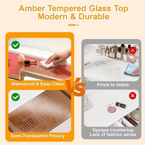 Cielozen Vanity Desk,Makeup Vanity Desk with Mirror and Lights,Transparent Top with LED Multiple Color Lights,Mirror 3 Color Modes 2 Drawers,Power Outlet,Dressing Table for Girls Bedroom,White thumbnail 4
