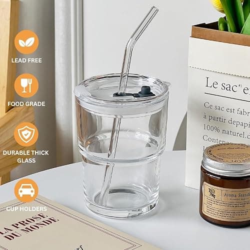 Olvini 13oz Glass Tumbler with Straw and Lid, Reusable Iced Coffee Cup Tumbler, Cute Glass Cups for Water, Matcha, Travel Coffee Mugs (Clear) thumbnail 6