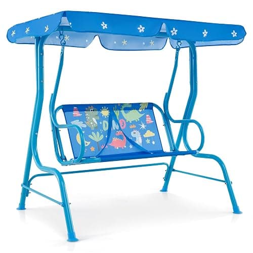 Costzon Kids Porch Swing, All-Weather Patio Swing Bench Hammock w/Adjustable Canopy & Safety Belts for 2 Children, Outdoor Swing for Backyard Garden Balcony Poolside (Blue, Dinosaur) thumbnail 9