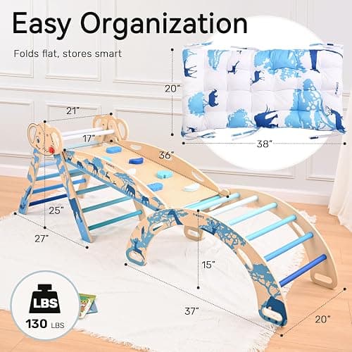 wingyz 8-in-1 Pikler Triangle Set-Foldable Baby Climbing Toys with Cushion,Arch, Ramp & Ladder | Montessori Toddler Climber Indoor Jungle Gym for Kids (Blue) thumbnail 2