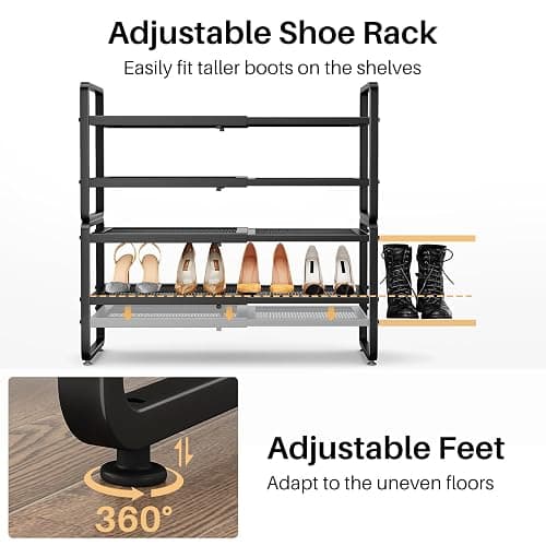 SNTD Shoe Rack - Expandable Shoe Organizer for Closet, Adjustable Metal Shoe Shelf Storage, Stackable Long Shoe Stand Holder for Garage, Entryway, Door Entrance (Black, 4-Tier) thumbnail 7
