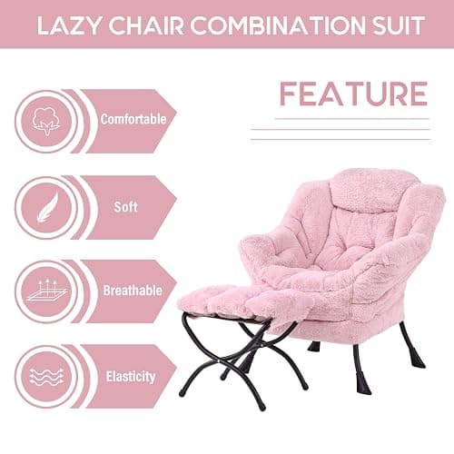 LITA Lazy Chair with Ottoman, Modern Accent Leisure Upholstered Sofa, Contemporary Lounge Reading Chair with Armrests and a Side Pocket for Living Room, Bedroom & Small Spaces, Plush Pink thumbnail 7