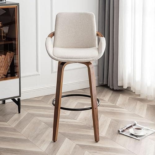 LUNLING 29.5" Bar Height Barstools Set of 2,Mid Century Modern Retro Bar Chairs Charcoal Beige Linen Look Fabric Upholstered and Walnut Wood Frame for Home Bar Furniture(Beige) thumbnail 3