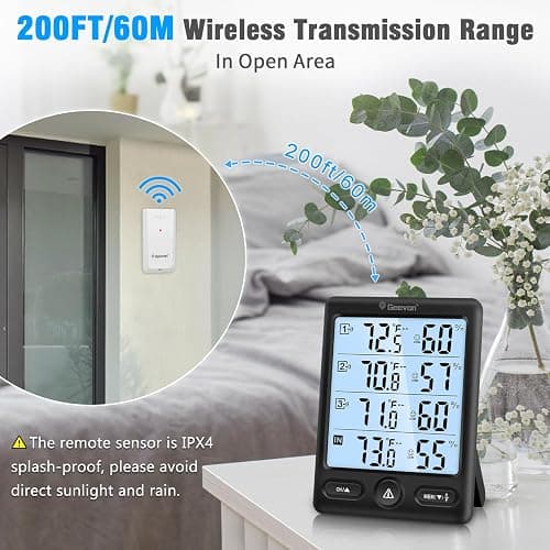 Geevon Indoor Outdoor Thermometer Wireless 3 Remote Sensors, 5-Inch Display Digital Hygrometer Thermometer Temperature Humidity Monitor with 8S Backlight, Battery-Powered (Black) thumbnail 8