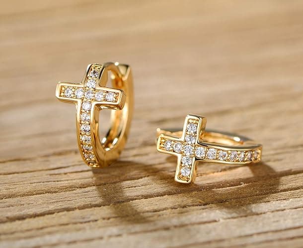 Barzel 18k Gold Plated Crystal Cross Huggies 0.5in length Earrings for Women - Made In Brazil thumbnail 4