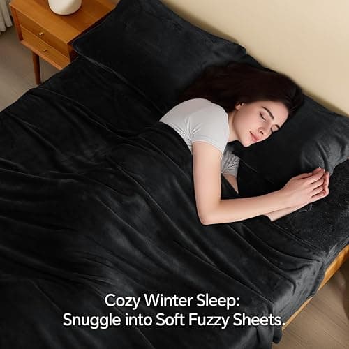 BEDELITE Flannel Sheets King Size Black - Super Soft Fleece Sheets Set Fluffy Extra Plush, 4 Piece(Include Fitted Sheet, Flat Sheet, 2 Pillowcases) thumbnail 3