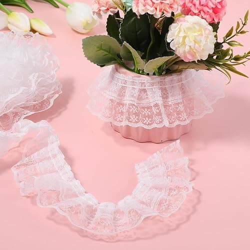 White Lace Ribbon, 2-Layer Pleated Edge White Lace Ruffle Trim for Crafts Sewing DIY, 1.8" x 5.5yd thumbnail 2