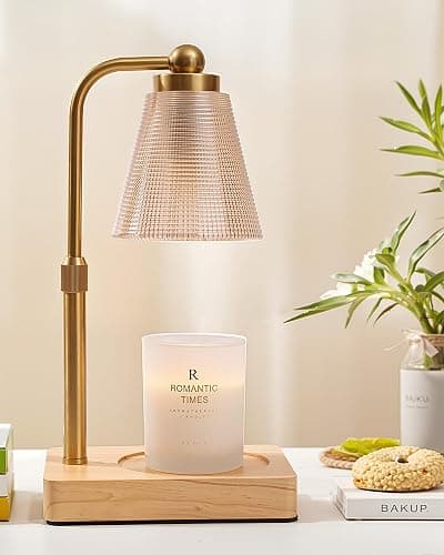 HONGZZI Candle Warmer Lamp with Timer - Adjustable Height & Brightness - Wood Base Glass Shade - 2 Bulbs Included(Square Gold) - Image 1