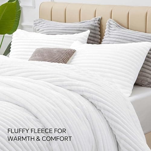 BEDELITE Fleece Queen Comforter Set -Super Soft & Warm Fluffy Bright White Bedding, Luxury Fuzzy Heavy Bed Set for Winter with 2 Pillow Cases thumbnail 8