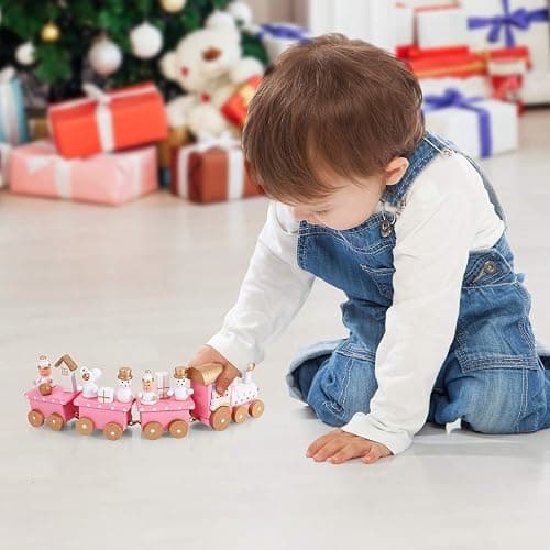 NUOBESTY Winter Wonderland Wooden Mini Train Set for Christmas Party Decorations Under Tree Pink thumbnail 2