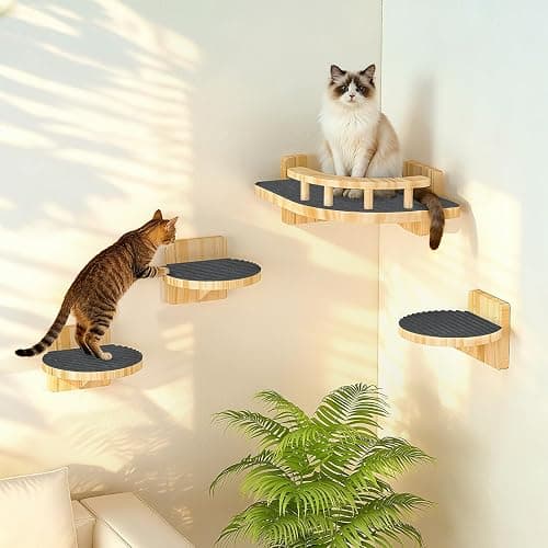 XiaZ Cat Wall Shelves, Corner Cat Shelf with 3 Wide Perch Steps, Kitty Wall Climber Wooden Furniture up to 25lbs, Modern Floating Cats Stairs for Indoor Sleeping, Playing, Climbing - Image 1