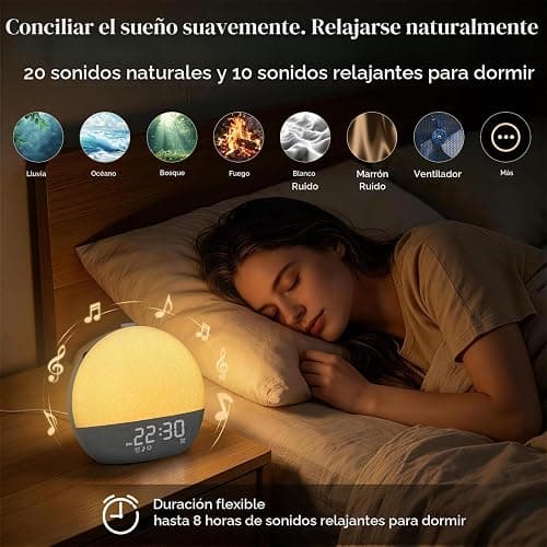 Despertador Amanecer con Simulación de Amanecer y Atardecer, Bluetooth | Máquina de Ruido Blanco, 17 Modos de Iluminación, 30 Sonidos Relajantes, Luz Nocturna Regulable para Dormitorio thumbnail 3