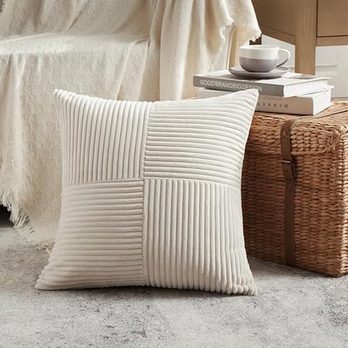 Fancy Homi 2 Packs Boho Cream Decorative Throw Pillow Covers 18x18 Inch for Living Room Couch Bed Sofa, Rustic Farmhouse Home Decor, Soft Corss Corduroy Patchwork Textured Square Cushion Case 45x45 cm thumbnail 2