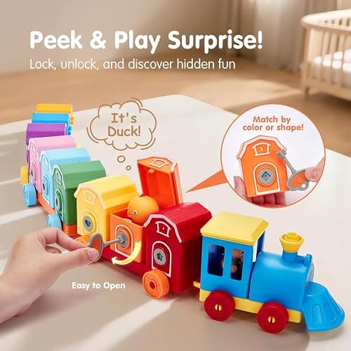 hahaland Toddler Learning Farm Train Set for Toddlers 1-3 Years | Counting Matching & Sorting Montessori Toys, Finger Puppets, Keys to Lock and Unlock Barns Birthday for Baby Boys Girls thumbnail 7