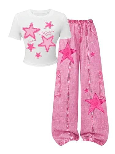 SOLY HUX Girl's Star Graphic Crop Top Baggy Pants Y2k Outfit | 2 Piece Set, Street Daily, Summer, Grunge, Streetwear Clothes - Image 1