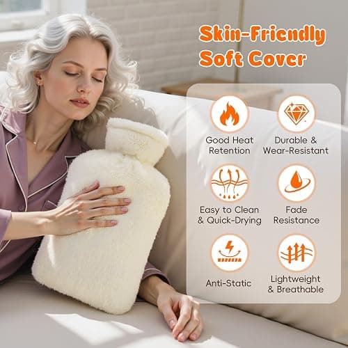 Dawdix 2L Natural Rubber Hot Water Bottle with Cover, Leakproof Design for Hot & Cold Compress, Ideal for Menstrual Cramps/Hand & Feet Warmer/Neck & Shoulder Pain Relief, Ultra-Soft Touch, Cream White thumbnail 2