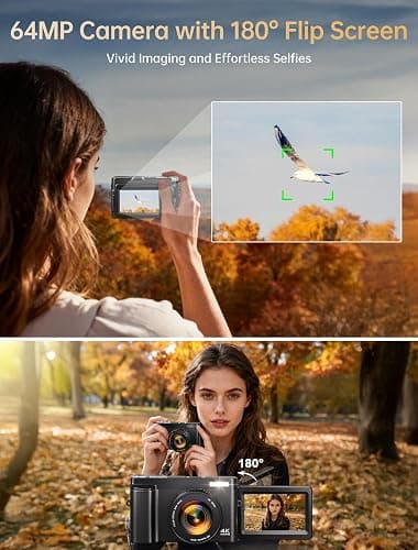 4k Digital Camera for Photography, 64MP Autofocus WiFi Vlogging Camera for YouTube with 3'' 180° Flip Screen,Travel Camera with SD Card, Point and Shoot Digital Camera 16X Zoom, UV Filter,2 Batteries thumbnail 3
