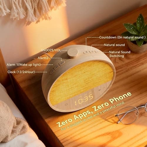Vivilumens Wood Grain Sunrise Alarm Clock, Gentle Wake-Up Light Sound Machine, Dual Alarms for Heavy Sleepers, Natural Sounds, RGB Mood Light, Dimmable Bedside Night Lamp, Ideal for Bedroom & Gifts thumbnail 9