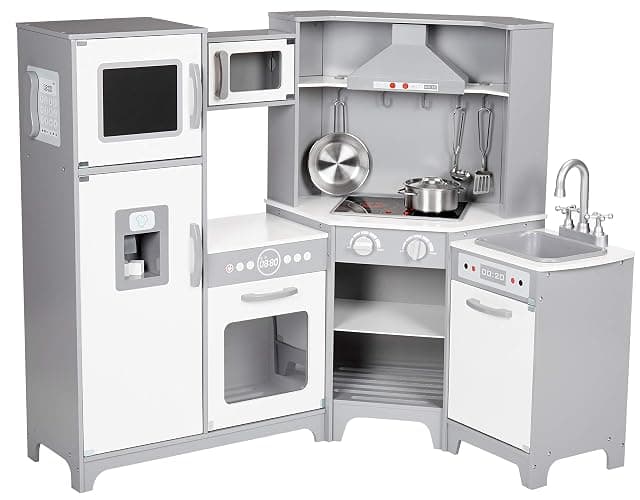 Amazon Basics Kids Corner Wooden Kitchen Toy Playset with Stove, Oven, Sink, Fridge and Accessories, for Toddlers, Preschoolers, Children Age 3+ Years, White & Gray, 39.37"L x 28.35"W x 35.04"H - Image 1