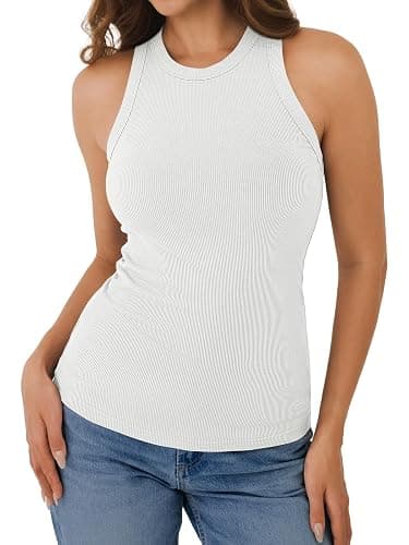 GKBK Womens Racerback Tank Tops Ribbed High Neck Sleeveless Casual Summer Basic Slim Fitted Tank Cami Shirts thumbnail 5